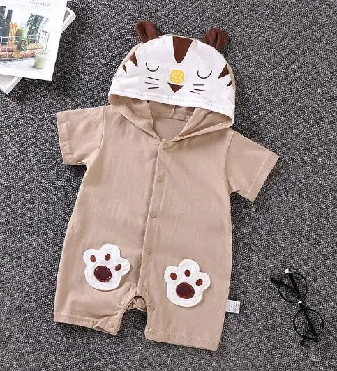 Tiger Khaki Для маленьких девочек с капюшоном Рубашка с короткими рукавами летние ползунки, комбинезоны для малышей, комбинезон, Животные собачка Банни с принтом в виде коровы, жабы тигра Одежда для девочек - Цвет: Tiger Khaki