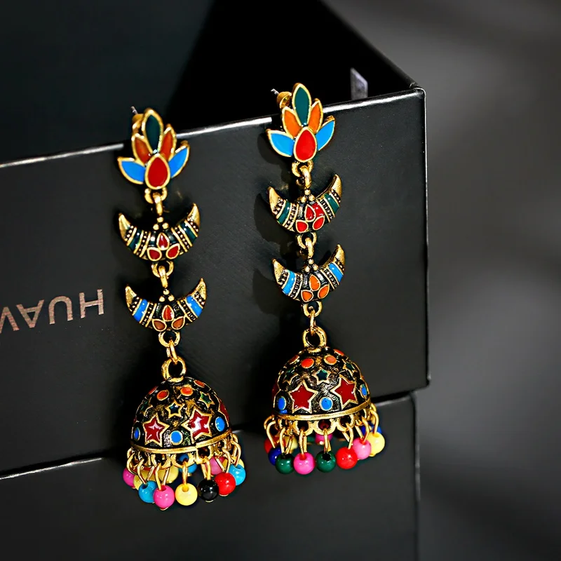 Ретро Лотос Jhumka индийские серьги для женщин Этническая Цыганская золото колокол многоцветный бисер кисточкой серьги ювелирные изделия Bijoux