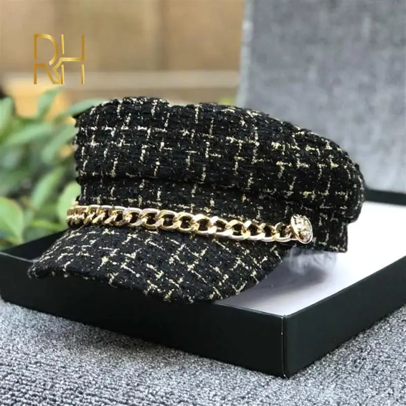 Luxury Tweed Design Golden Chain Decoration Army Military Caps Women Newsboy Cap Elegant Thick Plaid Salior Octogonal Hat
