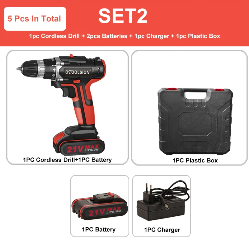 SET2 (2 pc battery) Электрическая шуруповерт с двойной скоростью 1,5 АЧ, Аккумуляторная дрель, электрическая шуруповерт, электроинструменты, электрическая дрель для деревообработки, 21 в - Цвет: SET2 (2 pc battery)