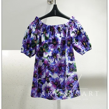 

Svoryxiu 2020 Sexy Runway Summer Off Shoulder Tops Tees Women's Puff Sleeve Violet Flower Print Cotton T Shirts