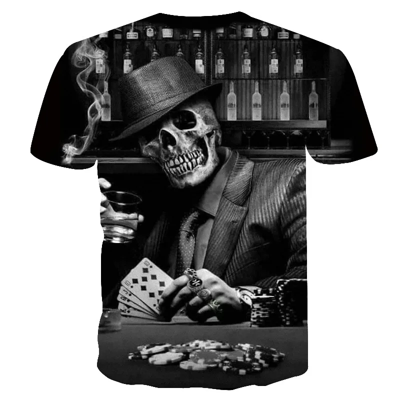 Новинка, Повседневная футболка с 3D принтом в виде черепа и покера, Мужская футболка с коротким рукавом, Мужская черная дизайнерская футболка, мужские летние топы, Прямая поставка