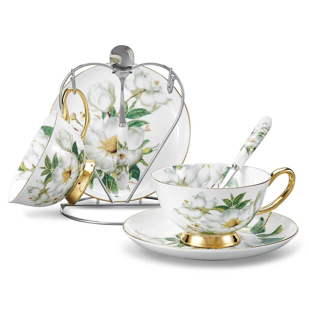 

Panbado Camellia Pattern European Style Bone China Porcelain Afternoon Tea Coffee Cup Gift Set with Saucer&Spoon and Iron Stand