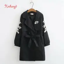 Plus size Embroidery Adjustable waist bow women loose long Trench coats NEW spring autumn office ladies slim coats female