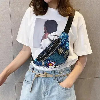 

Women Sequins Waist Bags Fashion Plant Pattern Women Waist Bag Fanny Packs PU Leather Chest Bags
