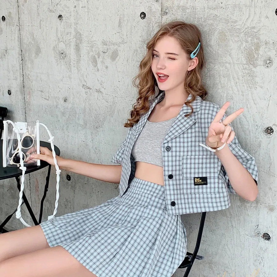 Summer-Women-Sets-Harajuku-Preppy-Style-Short-Sleeve-Plaid-Shirt-Pleat-Skirt-Cute-Skirt-Set-Kawaii (1)