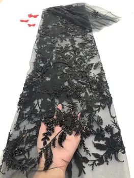 

New French Tulle Mesh Lace Fabric Best Quality Beaded Lace Fabrics Luxury African Handmade Beads Lace Fabric for Wedding