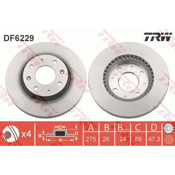 Disc brake KIA CERATO (LD) 1.5-2.0 04 front vent D = 275mm. TRW DF6229 | Автомобили и мотоциклы