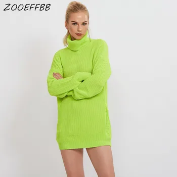 

ZKYZWXTurtleneck Oversized Sweater Women Winter Clothes Neon Green Orange Pullover Jumper Ladies Knitted Tops Sweater Dress