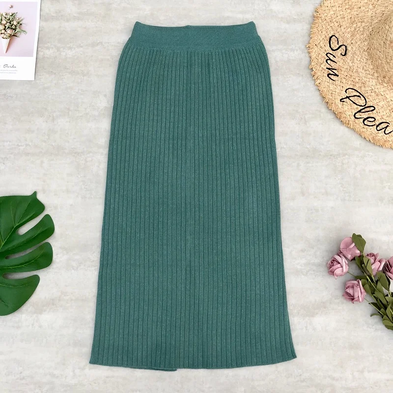 green Женские юбки, однотонные тянущиеся шерстяные вязаные юбки, яркие цвета, зимние юбки средней длины с разрезом для женщин, s Jupe Femme - Цвет: green
