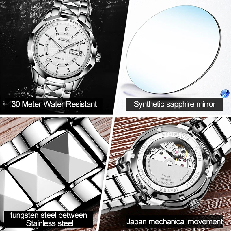 JSDUN роскошные механические часы из вольфрамовой стали, водонепроницаемые женские часы с двойным календарем, автоматическая женская Подарочная посылка