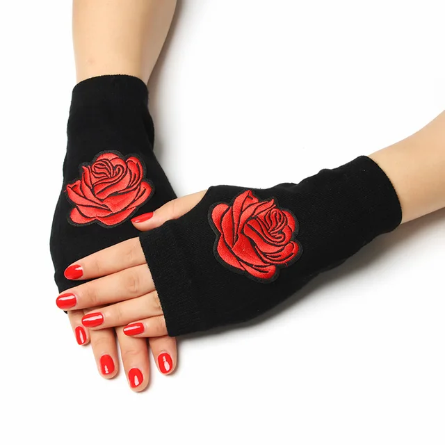 Sailor dance gloves Rivet wool gloves spring and autumn black half-finger gloves show gloves roses-C