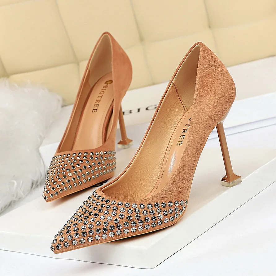 

Crystal rivet pumps Women High Heels shoes flock Slip on Slides shallow pointed toe sandals fashion zapatos mujer black khaki