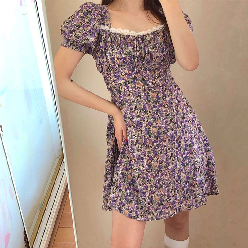 Petite Sexy Girl One Piece Dress Short Lovely White Lace Hem Square Neck Puff Sleeve Robe Vestido Lolita Dresses Aliexpress