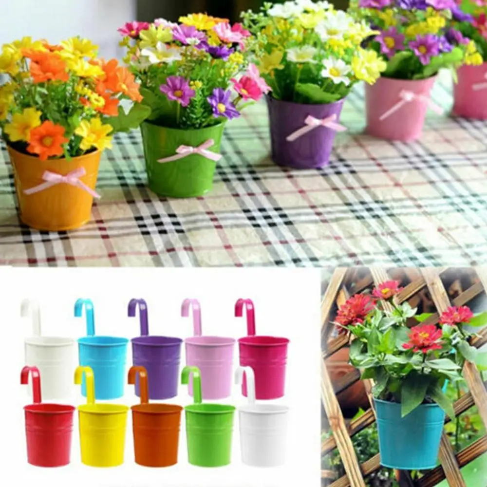 

10Pcs Removable Hook Wall Fence Bonsai Flower Tub Pots Candy Color Iron Bucket Tin Garden Balcony Hanging Succulent Basket