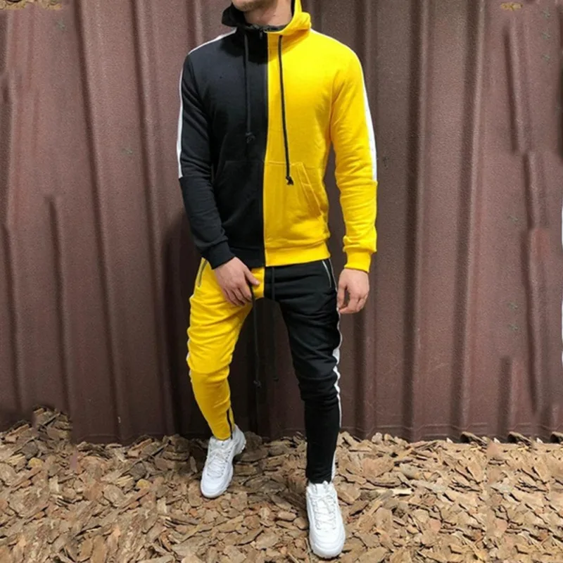 Blog Jogger Sets Sportswear Mens Hoodie Gym Zip Drawstring Pocket Striped Splicing Slim Fit Racksuit Set chandal hombre