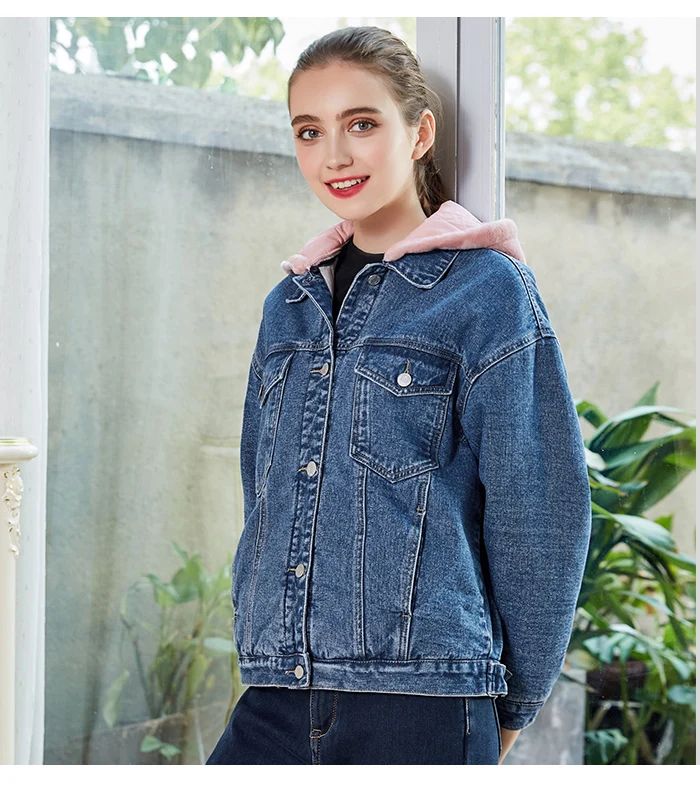 Женская джинсовая куртка с начесом LEIJIJEANS, теплая стильная куртка с розовым капюшоном, новая молодежная модель 9226R большого размера на зиму