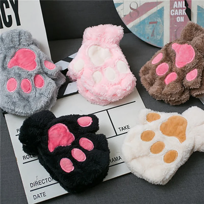 Fingerless Gloves Women Bear Plush Cat Paw