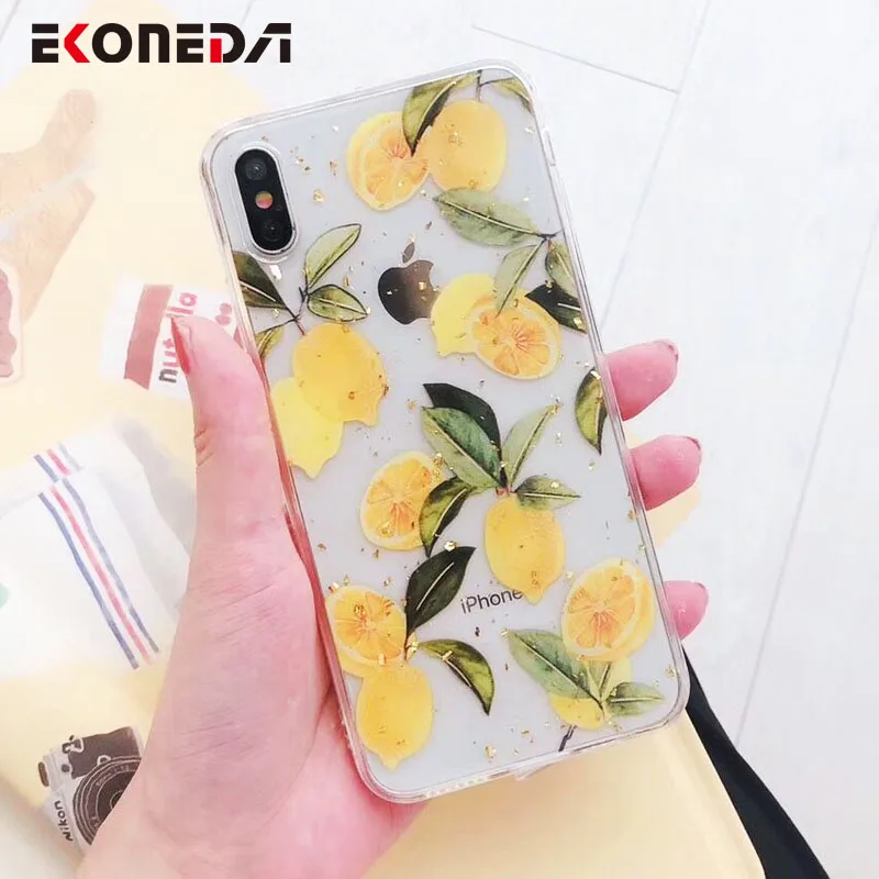 

EKONEDA Fresh Lemon Case For iPhone XR XS Max X Case Gold Foil Cover Silicone Bling Case For iPhone 7 Plus 6 6S 8 Plus
