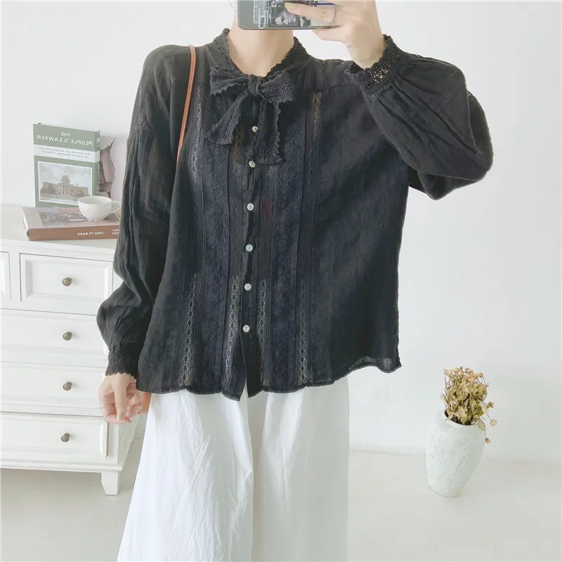 Johnature 2020 New Vintage Linen Bow Collar Hollow