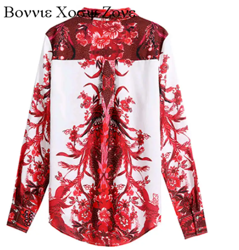 Women Turn-down Collar Buttoned Design Red Phoenix Print Long Sleeve Shirt Oversized Blouse long sleeve tops