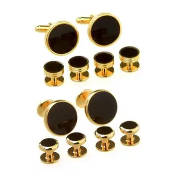 

5sets/lot Tuxedo Cufflinks Collar Studs 6pcs Set Round Black Enamel Cuff Links Buttons Set Men's Jewelry Wholesale