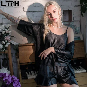 

LTPH 2020 Summer new arrival High-end pijamas women Solid color Silk ultra-thin shawl sexy sling loose shorts 3-piece lingerie