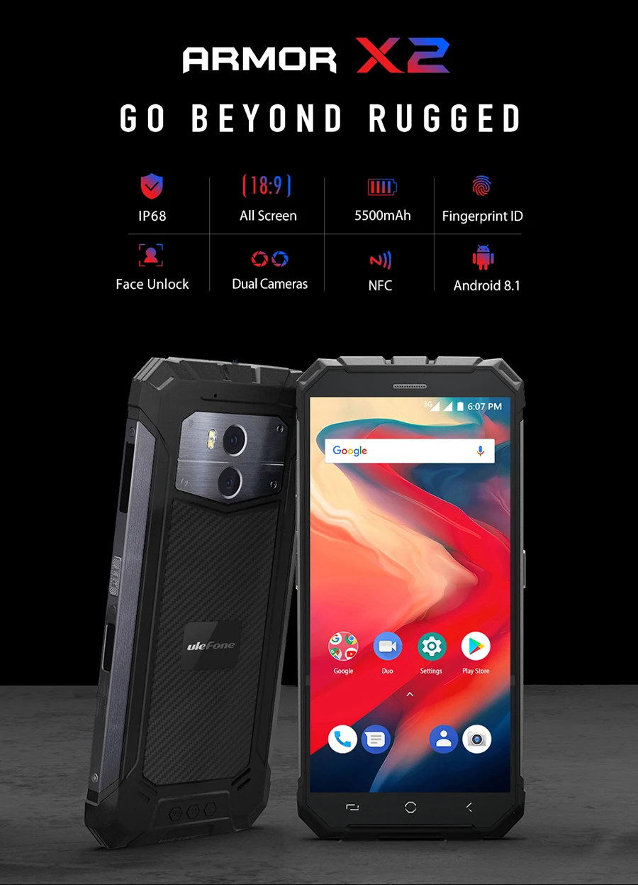 Ulefone Armor X2 водонепроницаемый IP68 смартфон 5," HD 18:9 четырехъядерный Android 8,1 2 Гб ОЗУ 16 Гб ПЗУ 13 МП NFC 5500 мАч 3G мобильный телефон