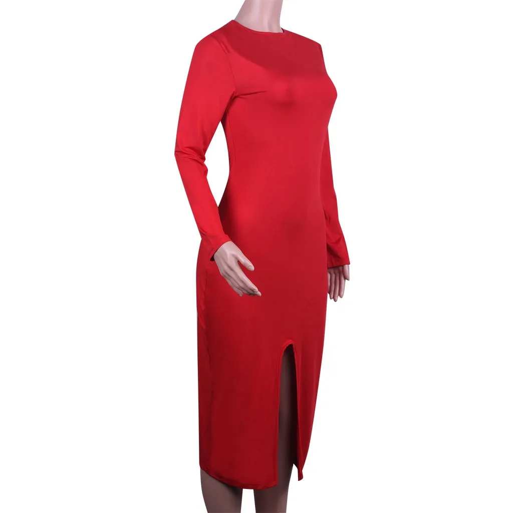 Осеннее женское черное платье с длинным рукавом, вечернее облегающее до середины икры платье средней длины, однотонное сексуальное офисное женское платье длиной до колена, Vestido T3