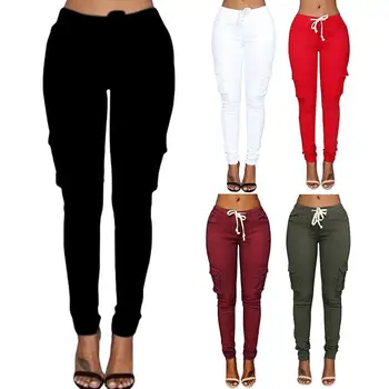 

Casual Women Solid Color Multi-pockets Drawstring Waist Long Pants Trousers