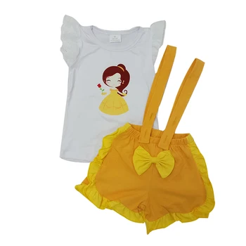 

flutter sleeve summer baby suit boutique girl clothing outfit baby girl cartoon print top and suspenders shorts kid girl outfit