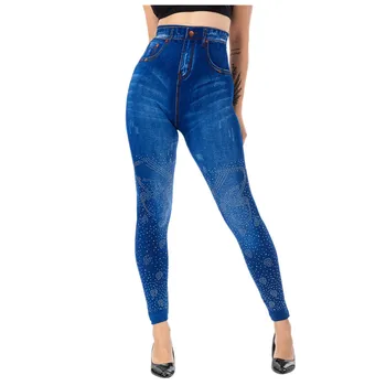 

Casual fashion Women's Spring and summer Imitation Cowboy Leggings Bead High Elasticity Slim Cropped Pan trousers h4