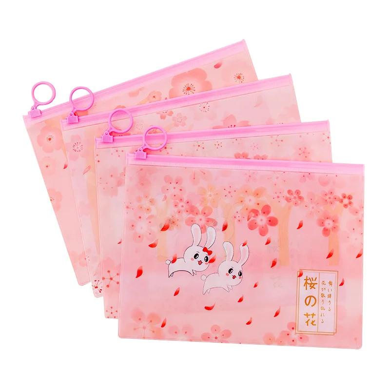 Cherry Sakura Kawaii Rabbit PVC Finger Ring Zipper Dustproof File Folder Document Filing Bag Stationery Bag