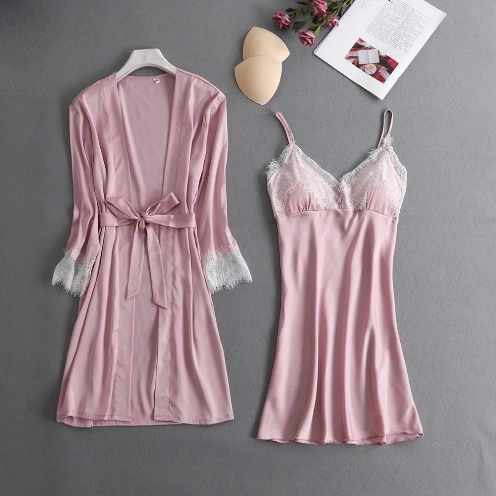 Осенние женские наборы ночных рубашек 2 шт ночной халат с нагрудной накладкой женское атласное кимоно банное платье пижамы розовый халат костюм