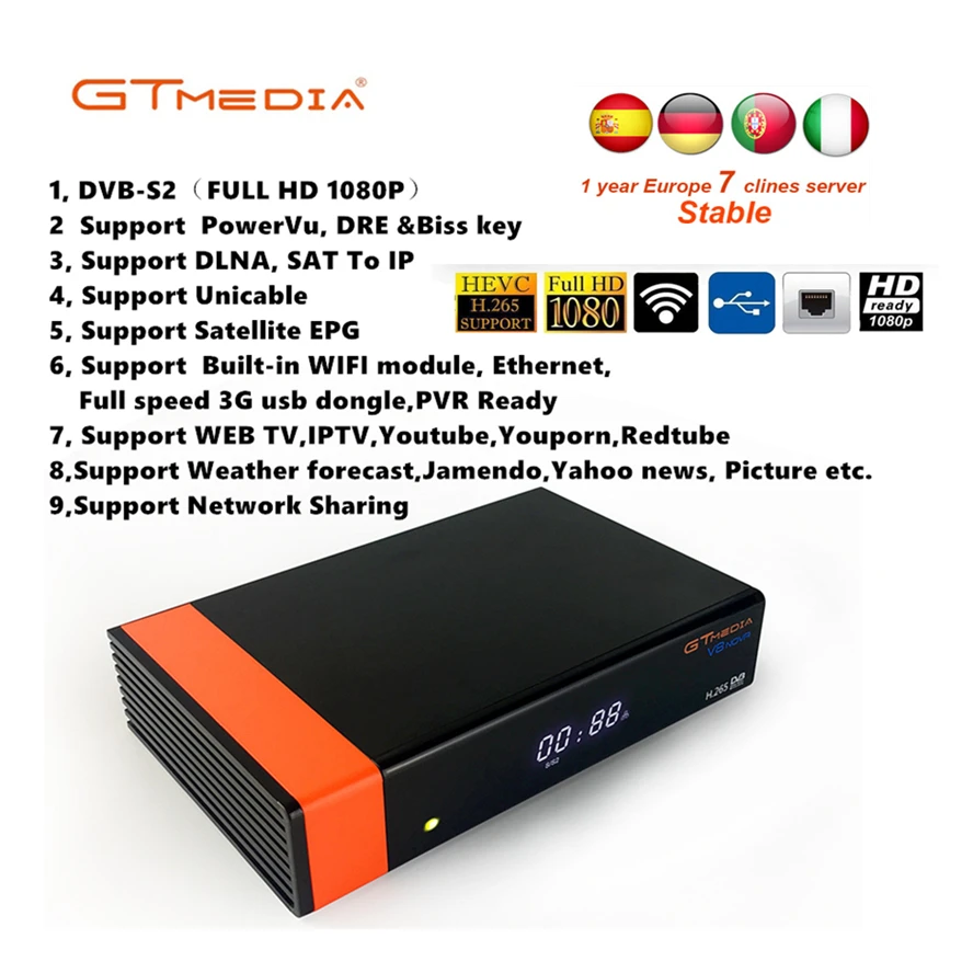 

Recettore Gtmedia V8 Nova built-in WIFI potere da freesat v8 super DVB-S2 1 Anno Cccam Cline per 1 Anno TV box stessi V9 Super