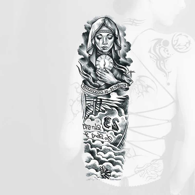 Full Arm Sticker Style Big Large Temporary Waterproof Full Flower Arm Tattoo Sticker Decal Nun Girl Pray Design Fake Tattoo - Цвет: 7