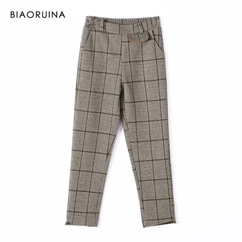 

BIAORUINA Women's Retro England Style Casual Khaki Plaid Woolen Ankle-Length Pant High Waist Female Loose Fashion Pant Trousers