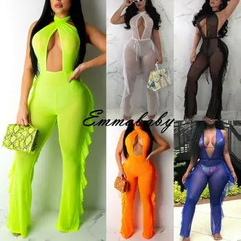 

Women Ladies Sexy Sleeveless Halter Jumpsuit Mesh See Through Summer Beach Cover Up Sexy Party Club Wear