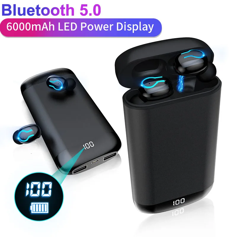 Беспроводные V5.0 Bluetooth наушники HD стерео Водонепроницаемая гарнитура спортивный двойной микрофон и 6000 мАч аккумулятор Зарядка Внешний аккумулятор наушники