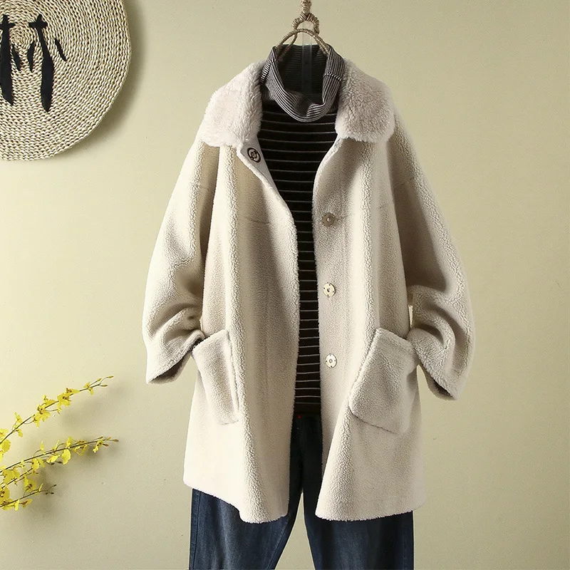 

Winter New Style Lambs Wool Large Pocket Mid-length Overcoat Loose-Fit Sheep Shearing Fur Coat Women's
