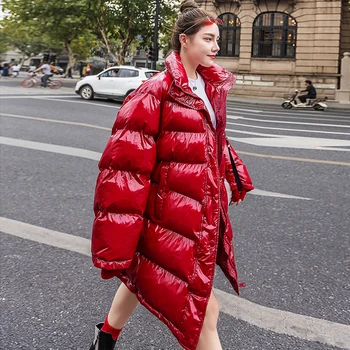 

Women Winter Red Glossy Down Cotton Jacket Coats Thick Warm Ukraine Loose Parka 2019 Tide Female Windproof Padded Outwear YL01
