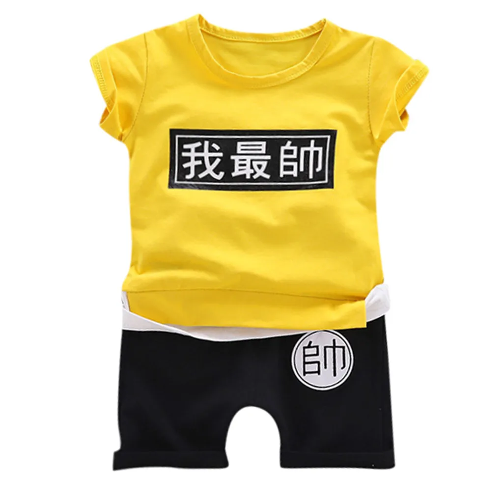Yellow Летняя одежда для малышей; футболки с короткими рукавами и круглым вырезом и принтом; топы+ шорты; комплект из 2 предметов; детская одежда; одежда для малышей; летняя детская одежда - Цвет: Yellow