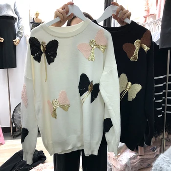 

Sequined Bow Sweater Women's 2020 New Autumn and Winter Pullover Sweater Coat Loose Knitwear Girls Ladies Pullover Pull Femme