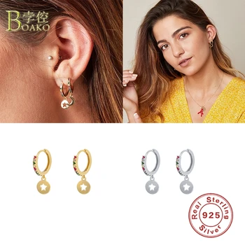 

BOAKO 925 Sterling Silver Hoop Earrings For Women Colorful Zircon Earring Hoops Five-pointed Star Earings S925 Jewelry Pendiente