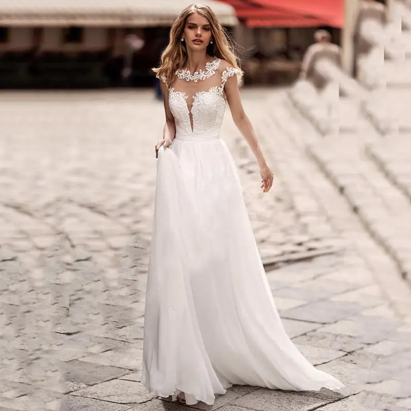 2021 Boho Lace Wedding Dresses A Line Cap Sleeves Sheer Jewel Neck Bridal Gowns Sweep Train Appliqued Country Beach Vestidos De Novia AL8261