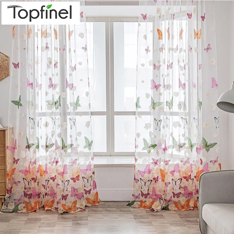 

Topfinel Sheer Curtains For Living Room Bedroom Colorful Butterfly Voile Tulles Kitchen Tulle Window Treatments Panel Drapes