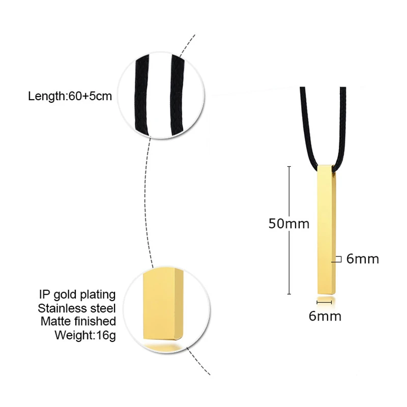 MEN SQUARE BAR PENDANT GIFT FOR HIM LEATHER NECKLACE FOUR SIDES ENGRAVING ENGRAVING PERSONALIZED