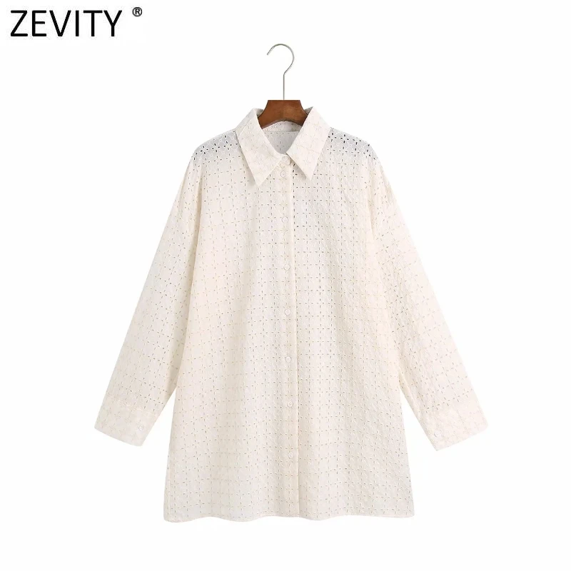 Zevity 2021 Women Sexy Hollow Out Embroidery Smock Blouse Office Lady Single Breasted Casual Shirt Chic Loose Blusas Tops LS9450