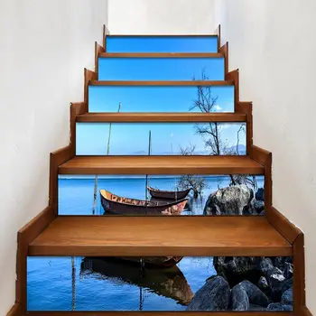 

Mountain Landscape Boat 6 Pieces/Set Creative DIY 3D Stairway Stickers for Room Stairs DecorationWaterproof Home Decor Decals