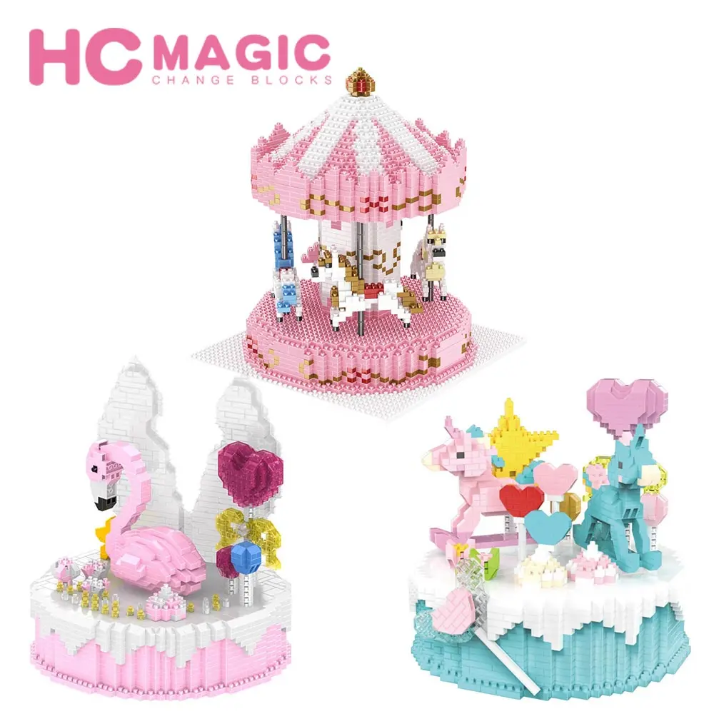 

HC MAGIC 1014 Diamond Carousel Flamingo Horse Cake Assembly Model Building Blocks Children Birthday Gifts Figures DIY Toys Anime